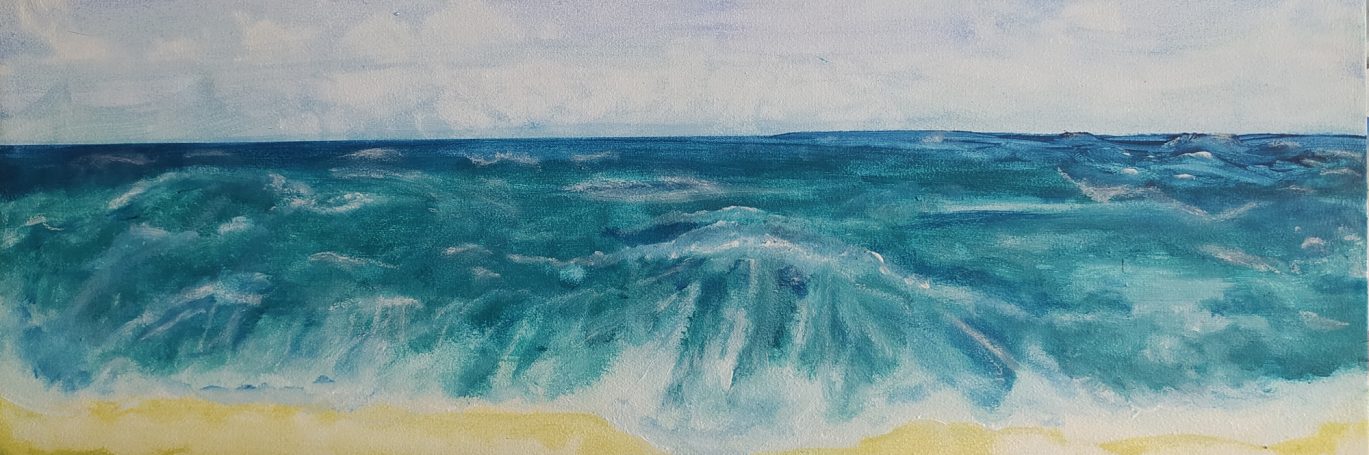 Acrylic, wave rolling and breaking on a beach, ocean water, in the style of turquoise and cyan, emotionally-charged brushstrokes, turquoise