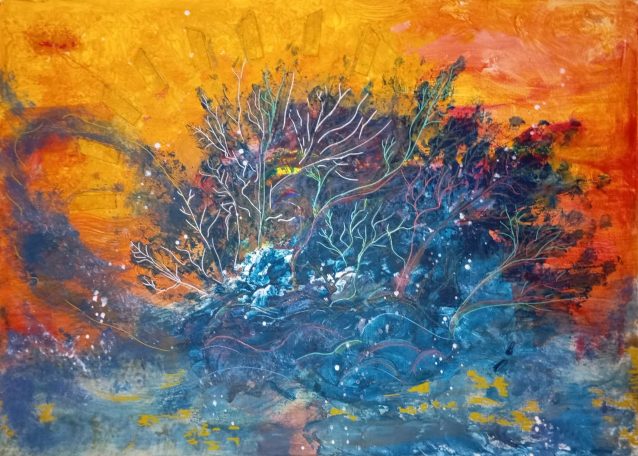 yellow, blue, red, sparkling, acrylic, felt pen, small pieces of wood, canvas