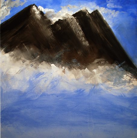 Acrylic, canvas, mountains, clouds, sky and sea, expressionist imagery/ primitivist realism, dramatic diagonals, black, white and blue