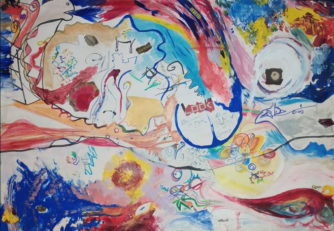 collage on large cardboard, abstract painting in the style of colorful storytelling 