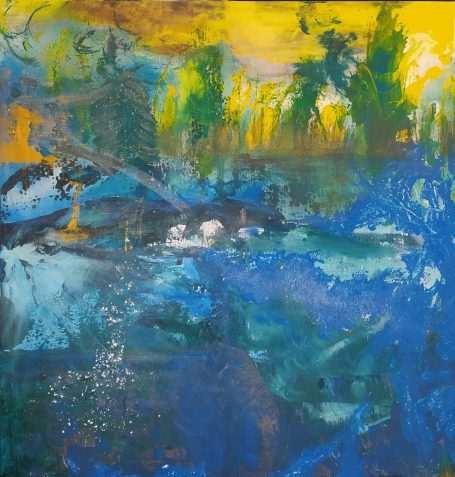 Large canvas, abstract, lake with sun, trees and lake, dark azure and yellow, dynamic, atmospheric, vibrant colors, misty, transcendental