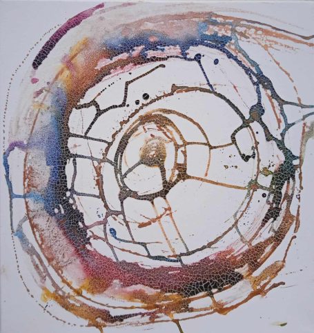 Ink painting showing an abstract spiral of colors