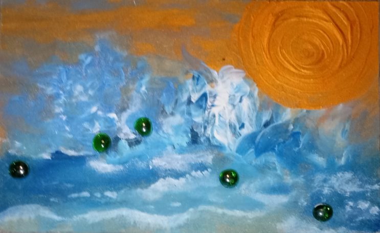 acrylic, shiny glass nuggets, golden sun, seascape, livel waves