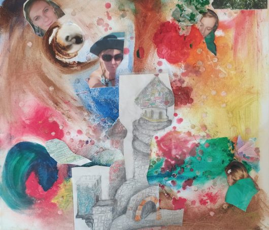 mixed-media collage on canvas, photographs, wax, acrylic colors, tissue, and drawing of a castle on paper, layered acrylic washes,soft-focus