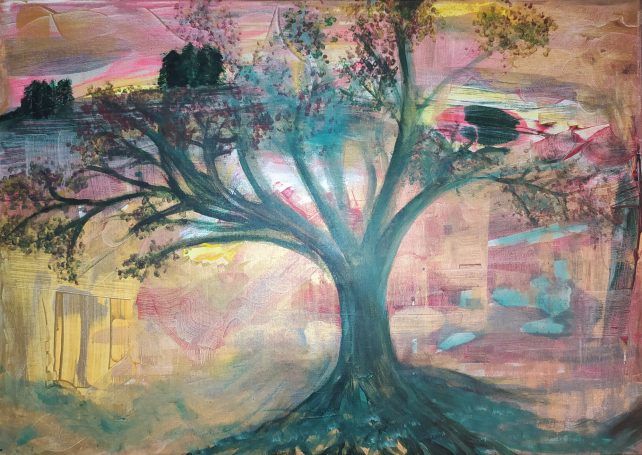 Acrylic-paste-painting, canvas, landscape with large tree, playing with light, dusky, dawning and golden light, paradox union of opposites