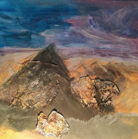 Acrylic, aluminium foil collage, landscape, rocks and sea, metallic etherialism, apocalyptic, mountain at the edge of a colored sky