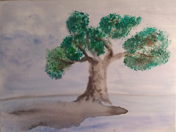 A tree in watercolor and acrylic color, canvas, in the style of water and land fusion, light gray, rich green, environmental art
