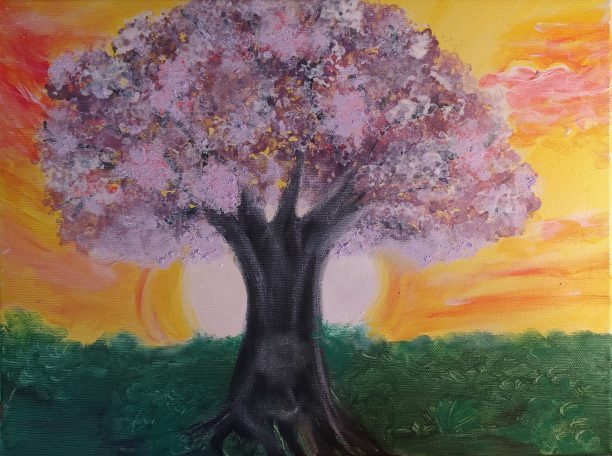 Acrylic, strong tree in springtime, blossom white and pink, emotiveness, soft, richly colored skies, heavy shading, serenity and harmony