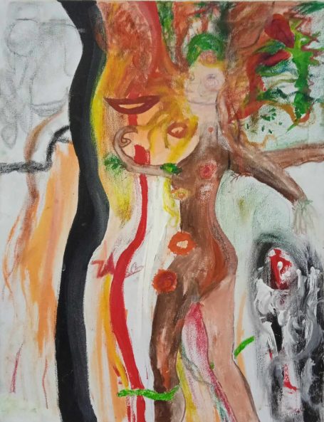 Acrylic, pen, oil chalk abstract colored painting, metamorphosis of a woman & a tree, shakras and protective boundaries, emotive expression