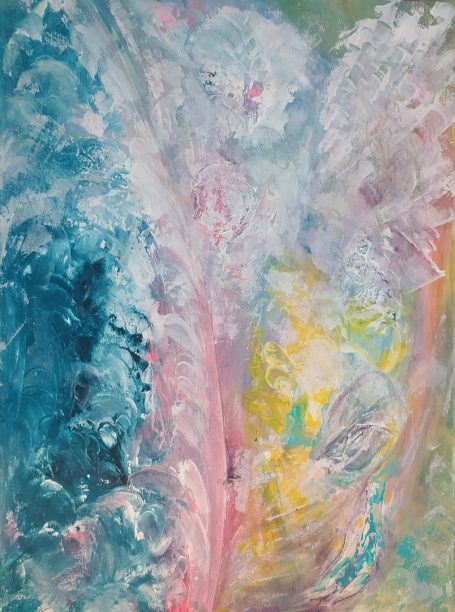 abstract acrylic&tempera colors, structural paste, foil, small branches; ocean waves, dreamscape, joyful celebration of nature, atmospheric