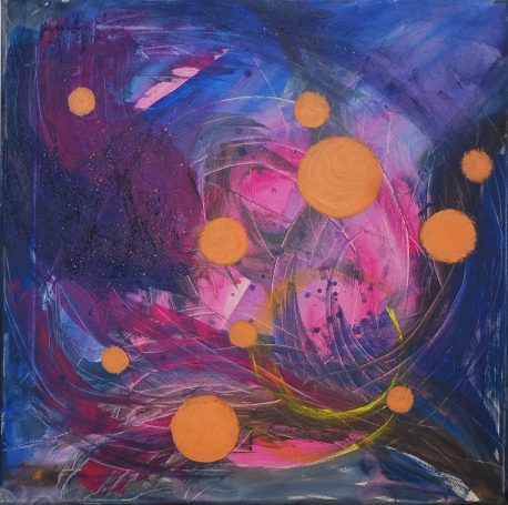 Acrylic with sand on canvas, orange circles, in the style of dark azure and violet, dynamic energy flow, energetic expressions, playful