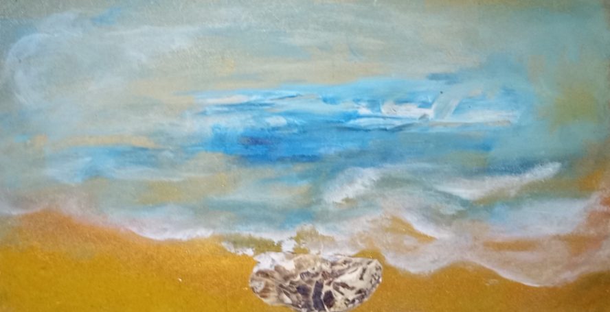 acrylic, soft ocean waves, sea shell, yellow ocher, white, blue, calming, dreamy