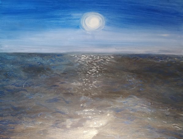 Acrylic, tempera, glitter, canvas, beach fullmoonscape, sparkling water reflections, light silver, desolate landscapes, luminosity, surreal