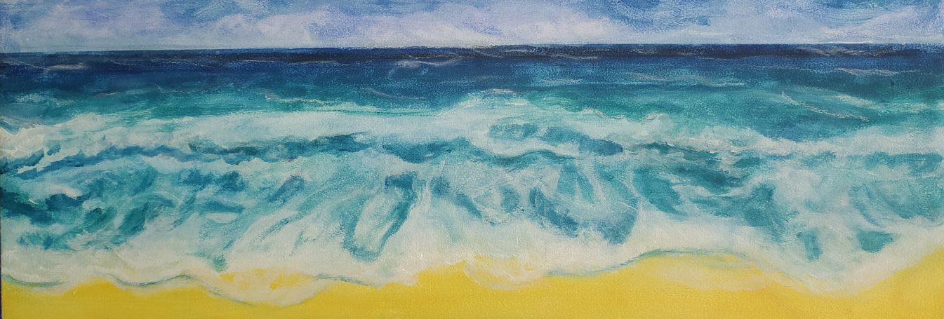 Fluid acrylic, waves smashing on a yellow beach, turquoise and indigo, calm seas and skies, free brushwork, quiet moments, lively seascapes