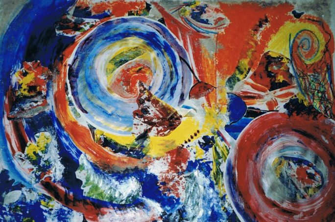 Acrylic painting and collage of abstract circles