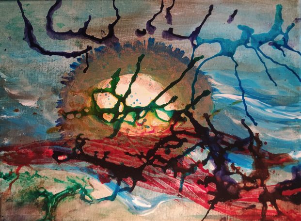 splashes and drips, blue sky with yellow light rays, gold leaf accents