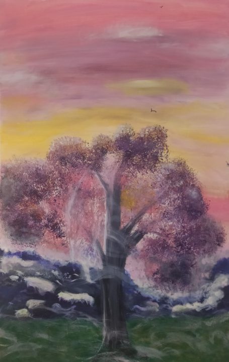 Acrylic, large canvas, mythological  tree, clouds and sea, soft pastel skies, dreamlike, atmospheric, connection of dimensions