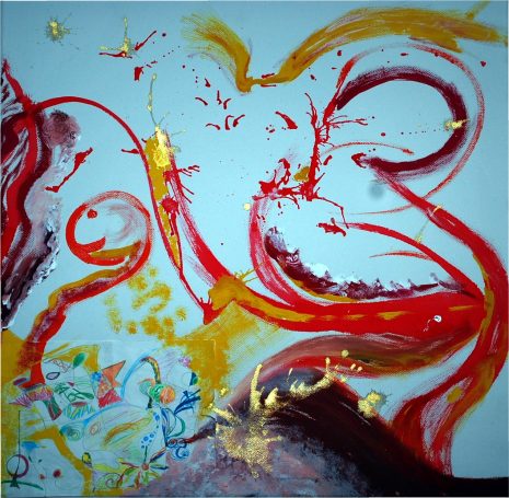 Acrylic and ink painting and mixed media art, on canvas