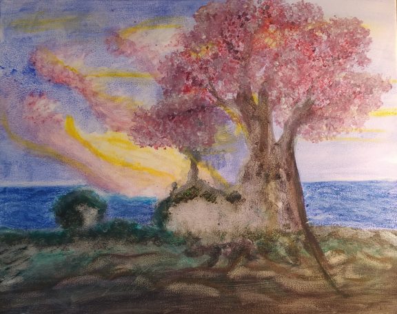 acrylic, canvas, sunrise, calm ocean, ancient tree, ink blossom, peaceful, harmony, hope