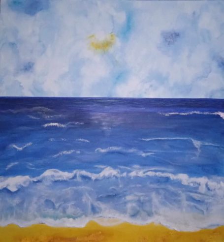 large canvas, acrylic, oil chalk, blue ocean scene with waves and clouds,  joyful celebration of nature, vibrant stage, atmospheric