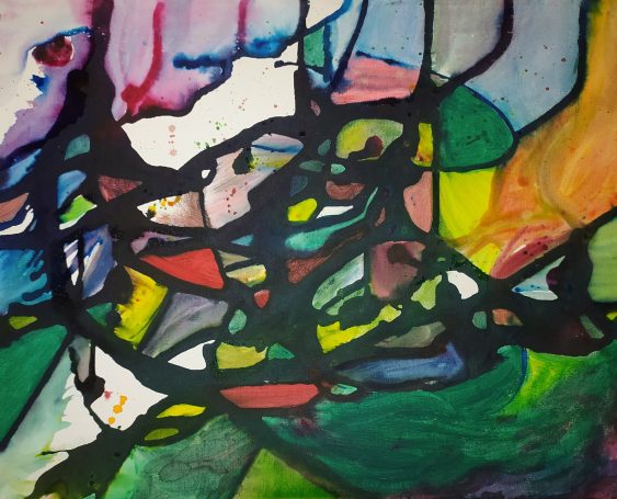acrylic and ink abstract painting, in the style of twisted branches and stained glass