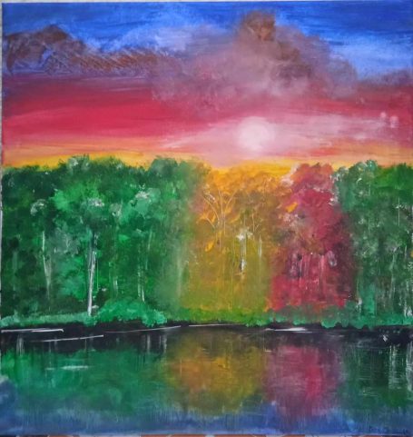 Acrylic, canvas, forest, trees and a lake at sunset, autumn, yellow, red and green, serenity and harmony, reflections and mirroring