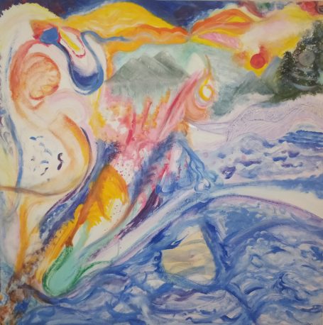 Acrylic painting on canvas, in the style of mythological imagery, fluid washes of color