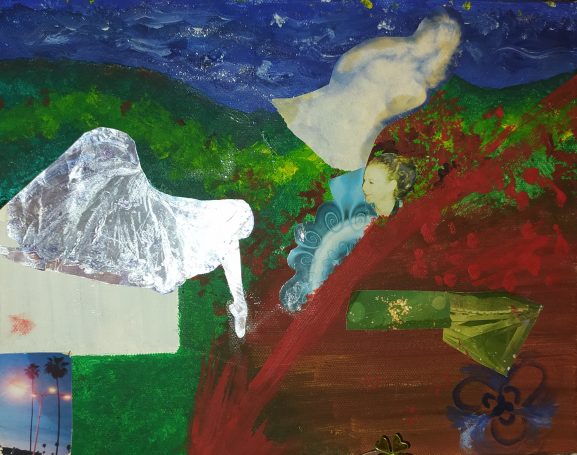 dreamlike mixed media collage figuration, style of mystical allegorical scenes, home, travel, dreams, human abstraction, ghostly presence