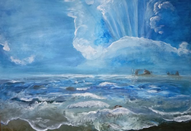 Choppy sea, dark blue, white cloud rising, emotional, hope