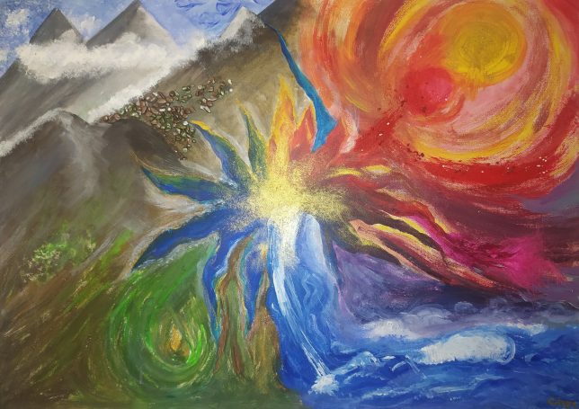 Acrylic, canvas, 5 elements, eternal source nurturing the 4 elements, style of god rays bursting across the sky, geological forms, colorful