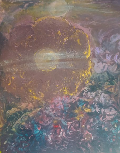 Acrylic, paste, sand canvas, abstract, dark purple moon flower, the moon resonating, the flower reflecting the glow, resonance, atmospheric