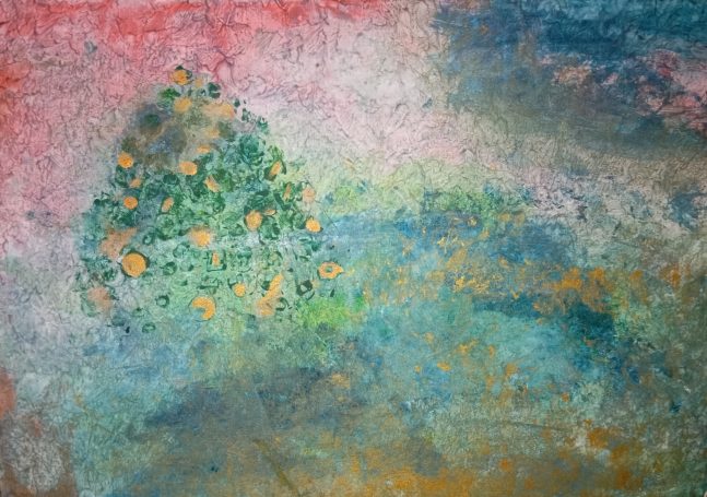 acrylic, canvas, Christmas tree in nature with golden lights, dreamy scenery, green, gold, red, blue, imagination, healing atmosphere